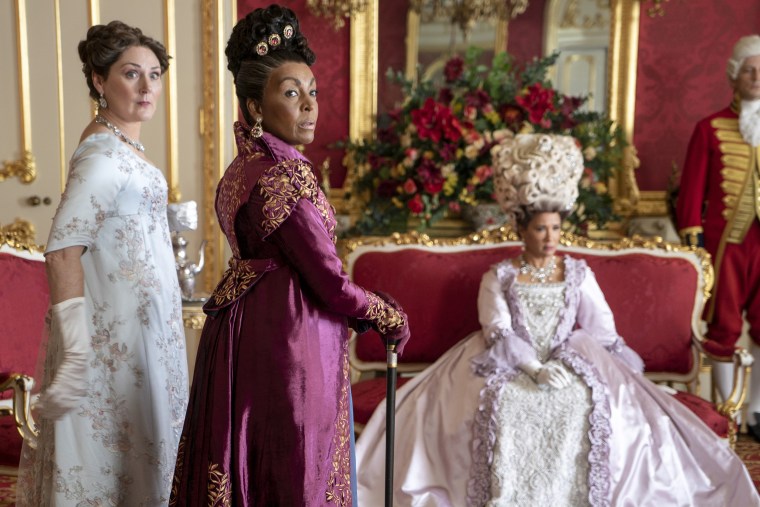 Ruth Gemmell as Lady Violet Bridgerton (L), Adjoa Andoh as Lady Danbury and Golda Rosheuvel as Queen Charlotte in episode 206 of "Bridgerton."