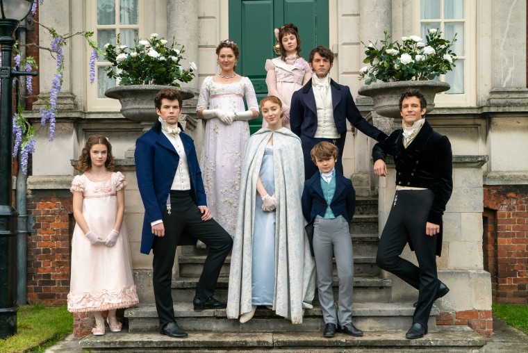 The Bridgerton family, from left, Hyacinth, Colin, Violet, Daphne, Eloise, Anthony, Gregory and Benedict.