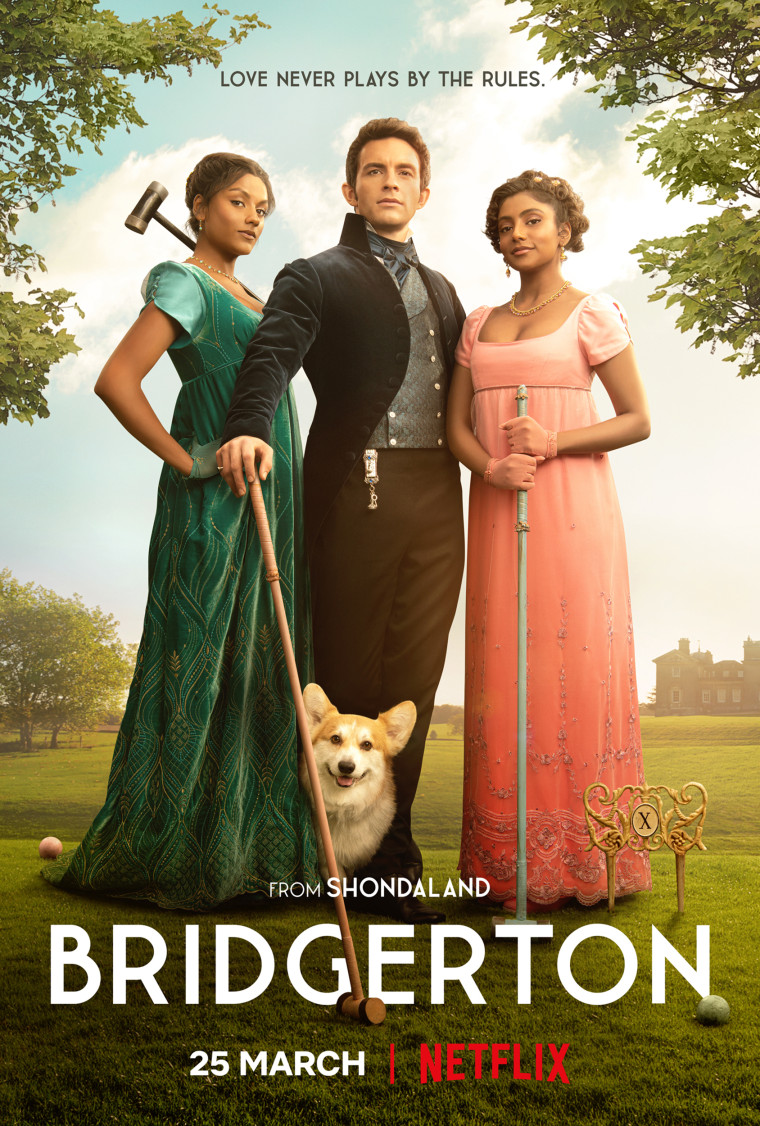 A poster for "Bridgerton" season two teases a love triangle between the Sharma sisters and Anthony Bridgerton. 