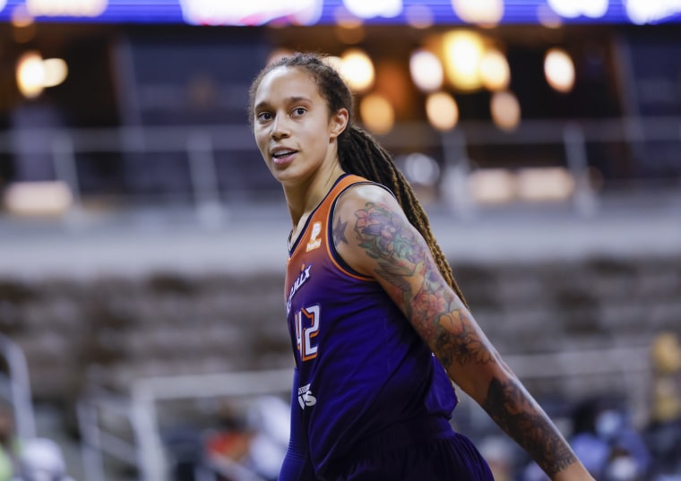 Brittney Griner of the Phoenix Mercury during a game against the Indiana Fever at Indiana Farmers Coliseum on September 6, 2021 in Indianapolis.
