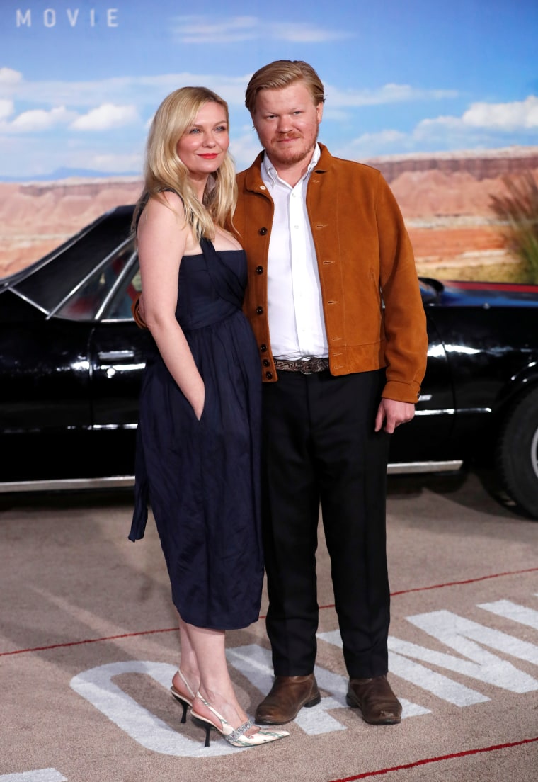 Actors Jesse Plemons and Kirsten Dunst pose at the premiere for "El Camino: A Breaking Bad Movie" in Los Angeles