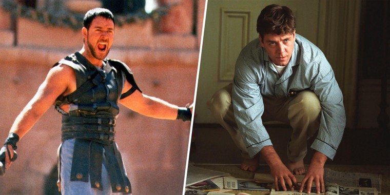 Russell Crowe made Hollywood history by earning best actor Academy Awards in "Gladiator" (left) and "A Beautiful Mind" (right), which won best picture in consecutive years.