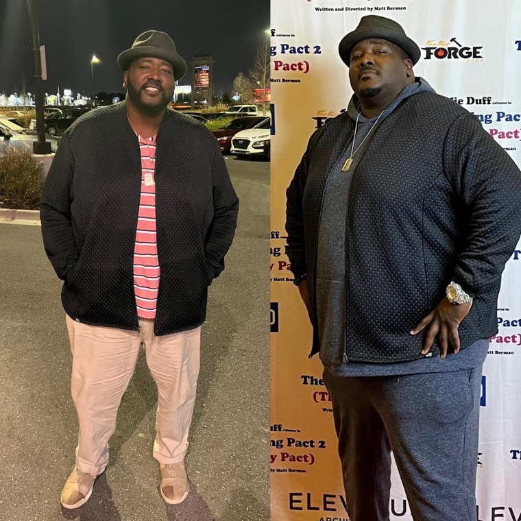Quinton Aaron, after losing 100-pound weight loss, and before.  