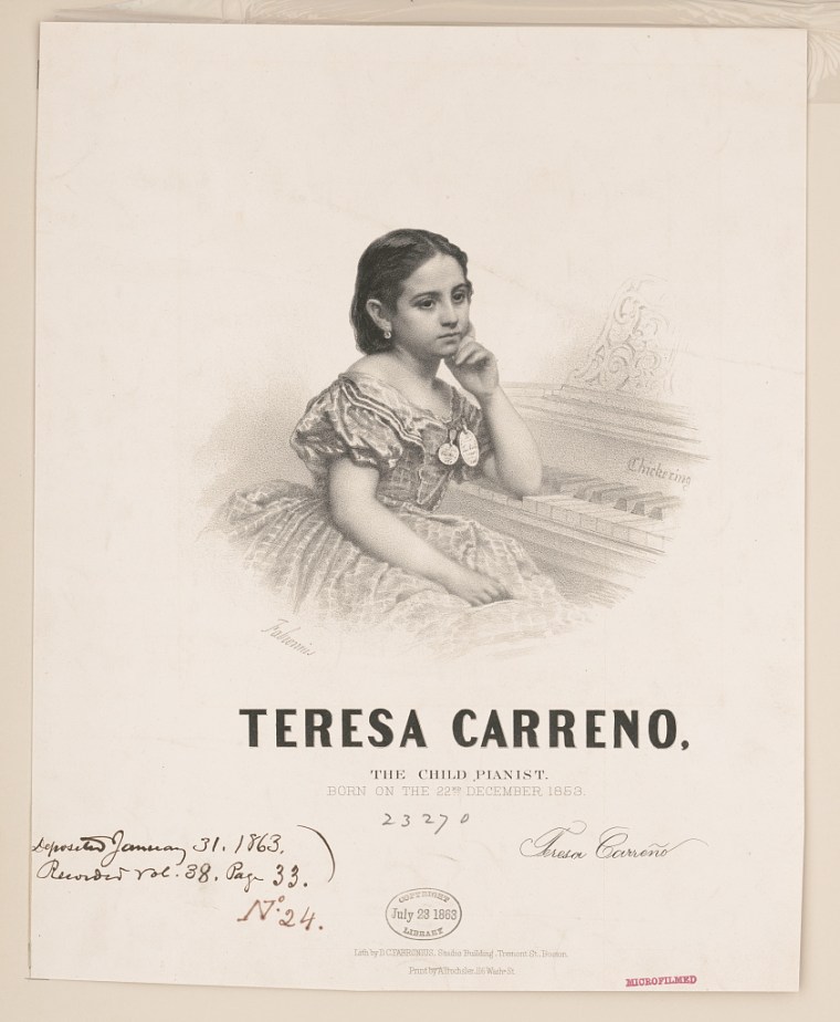 Volante de 1863 promocionando a Teresa Carreño durante sus conciertos en Washington, D.C. a los 9 años