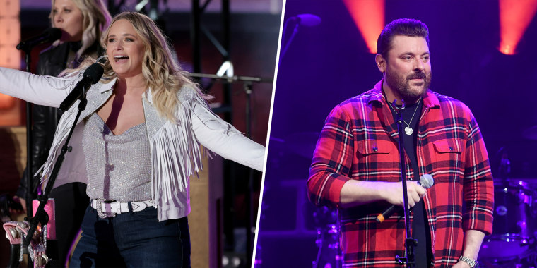 On the left, Miranda Lambert sings into a black microphone in a sparkly silver shirt and white fringe jacket. On the right, Chris Young holds a mic wearing a red flannel button down shirt onstage.