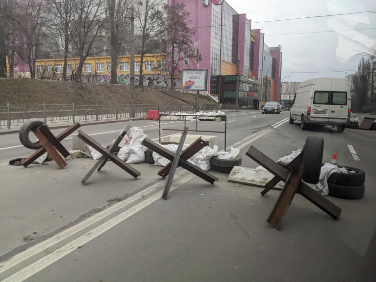 A makeshift road block in Kyiv, Ukraine.