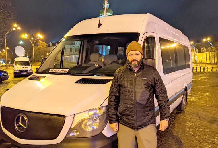 Bryan Stern in Kyiv with one of the vehicles Operation Dynamo uses to rescue people and bring them to safety.