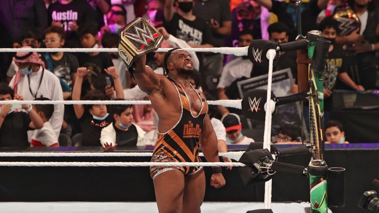Big E celebrates his win during the World Wrestling Entertainment Crown Jewel pay-per-view in the Saudi capital Riyadh on October 21, 2021.