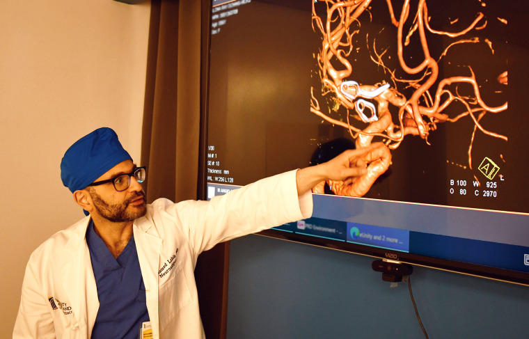 Labib points to Downs-Hicks' cerebral diagnostic angiogram.  The silver clips on screen show the two aneurysms that were treated earlier. 