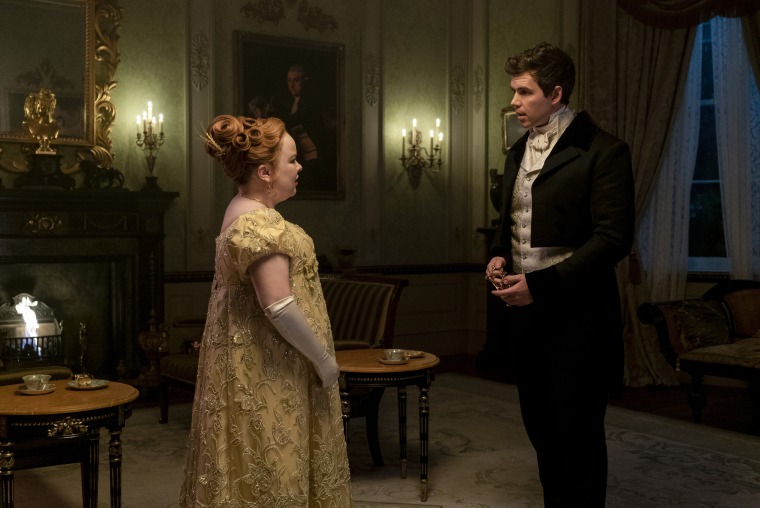 Bridgerton. (L to R) Nicola Coughlan as Penelope Featherington, Luke Newton as Colin Bridgerton in episode 208 of Bridgerton. 