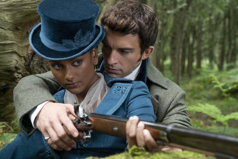 Tension builds on a hunting excursion. Pictured l-r: Simone Ashley and Jonathan Bailey.