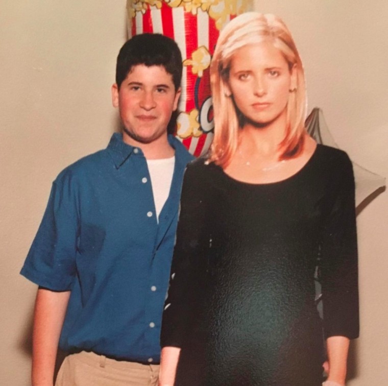 The author with a cardboard cutout of Sarah Michelle Gellar, the actor who plays Buffy, at his Bar Mitzvah.