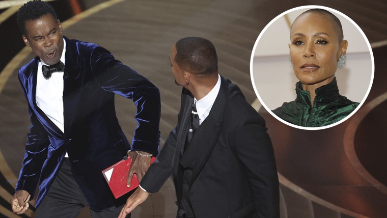 Chris Rock recibiendo bofetada de Will Smith; Jada Pinkett Smith alfombra roja Oscars 2022.