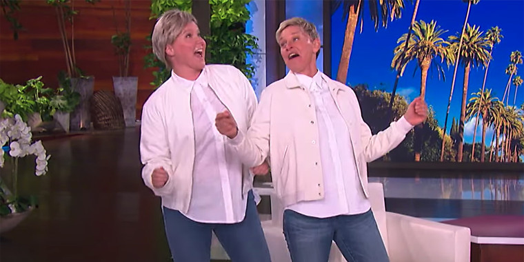 Twinsies! Amy Schumer was an Ellen DeGeneres doppelganger with her outfit for an upcoming episode of "The Ellen DeGeneres Show."