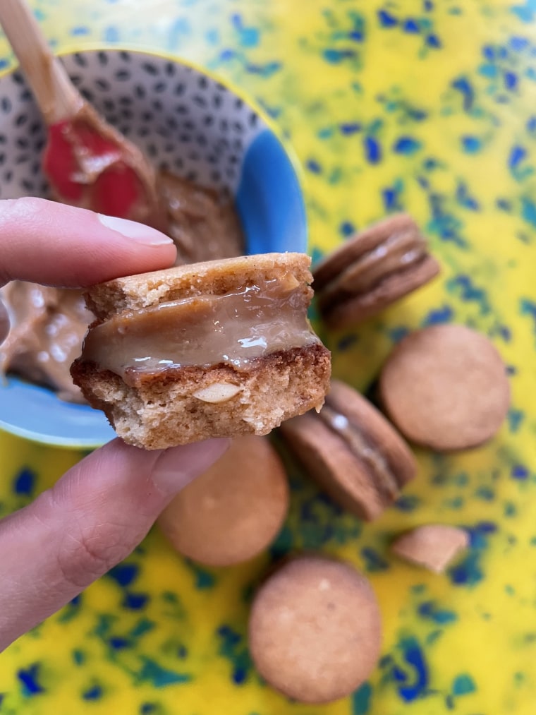 I tried making Bush’s Serene Sandwich Cookies she developed during a snowstorm. That’s miso dulce de leche between the Sichuan-spiced peanut butter cookies!
