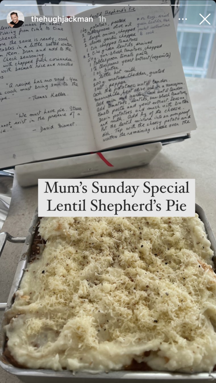 Hugh Jackman shared an Instagram story making his mother's Lentil Shepherd's Pie recipe.