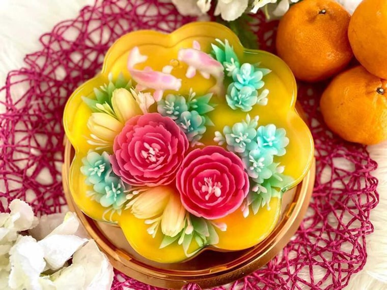 This flower jelly cake made by baker Oh My Jellie! uses mango seaweed jelly with coconut and pandan and is almost too pretty to eat.