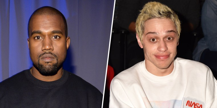 Kanye West, left, has drawn criticism over the video for his song "Eazy" that depicts a claymation figure resembling Pete Davidson, right. 
