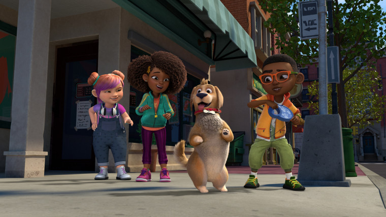 Karma Grant, voiced by Asia Bryant, Switch Stein, voiced by Aria Capria, and Keys Grant, voiced by Camden Coley, appear with dog Major in "Karma's World."