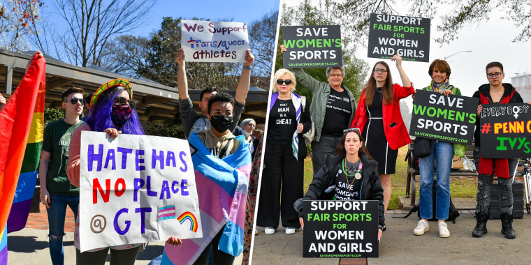 On the left, a rainbow flag flanks several young people holding signs in support of Thomas, including one that says "Hate has no place at GT." On the right, a group of protesters hold green and white signs, including two that say "save women's sports."