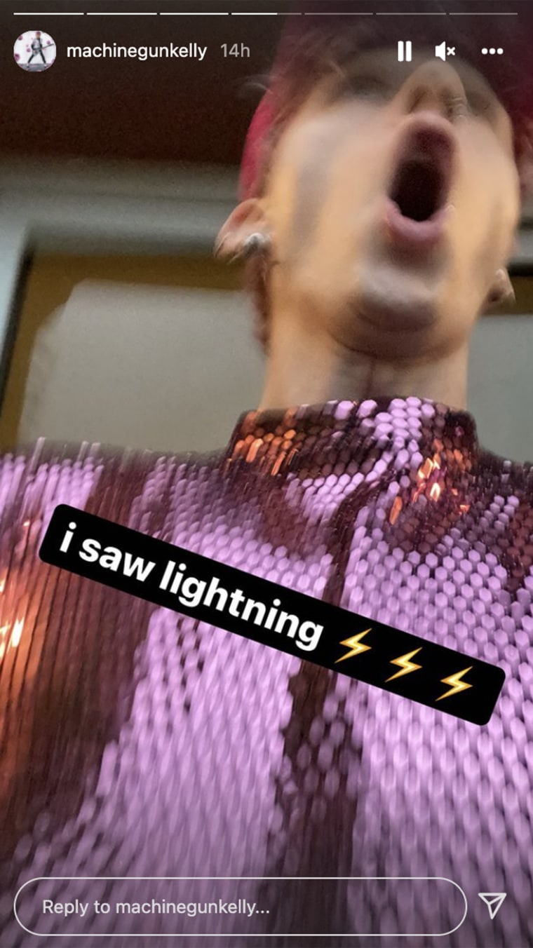 Machine Gun Kelly shares an Instagram Story of himself looking shocked when he sees lightning outside.