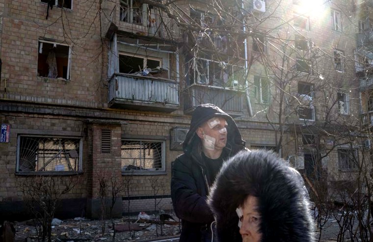 The French photojournalist shared this image of a residential area in the Podilskyi area of Kyiv after the attack.