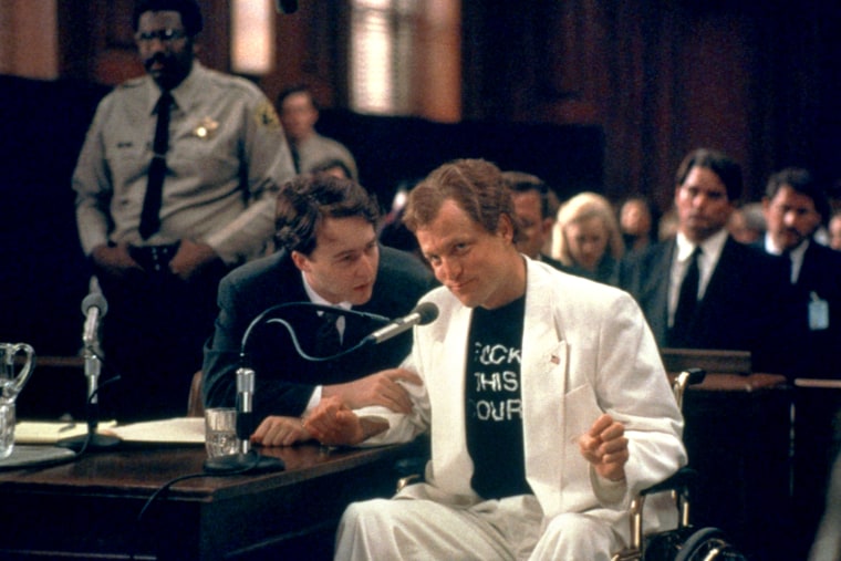 RELEASE DATE: 25 December 1996. MOVIE TITLE: The People vs. Larry Flynt STUDIO: Columbia Pictures Corporation. PLOT: A partially idealized film of the controversial pornography publisher and how he became a defender of free speech for all people. PICTURED