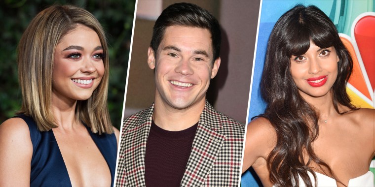 Sarah Hyland, left, and Jameela Jamil, right, are joining Adam Devine and the rest of the cast of Peacock's "Pitch Perfect" series.