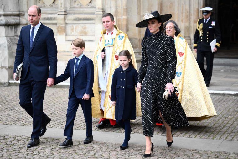 Prince William, Prince George, Princess Charlotte and Catherine, Duchess of Cambridge, were among the royals in attendance at a Service of Thanksgiving for the late Prince Philip at Westminster Abbey on Tuesday. 