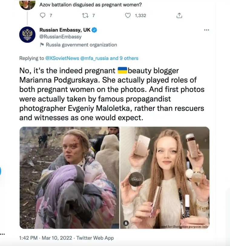 Uno de los tuits de la embajada de Rusia en Londres, en los que atacan a Marianna Podgurskaya, afirmando que el bombardeo de la maternidad era falso. Twitter eliminó la publicación rusa.