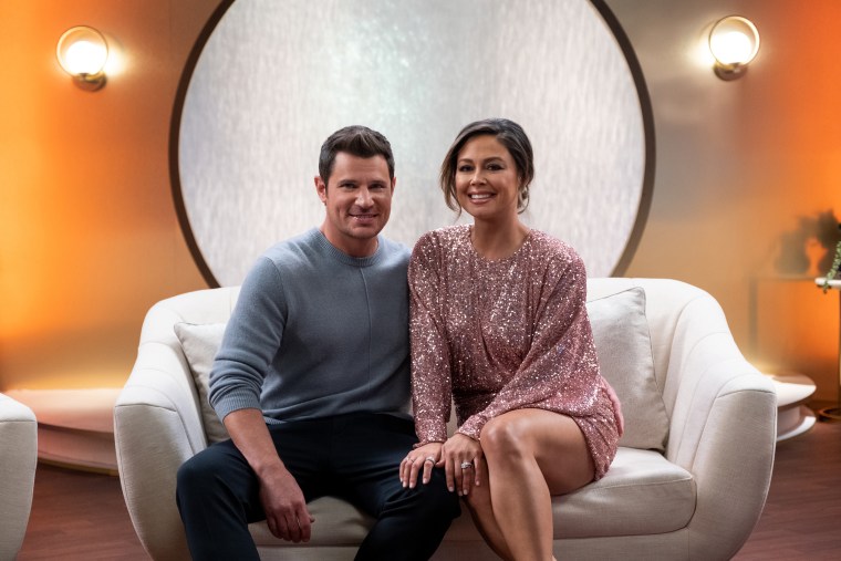 "Love Is Blind" co-hosts Nick Lachey and Vanessa Lachey in season two of the Netflix hit. 