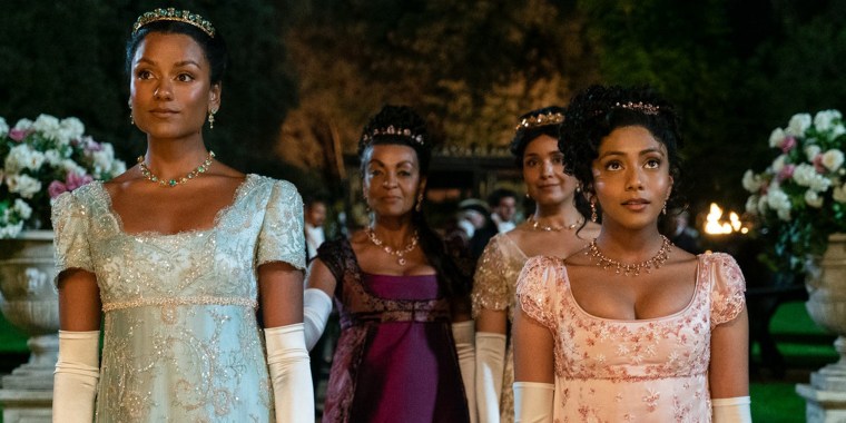 The Sharma family returns to London in "Bridgerton." Pictured, l-r: Simone Ashley, Adjoa Andoh, Shelley Conn, and Charithra Chandran.