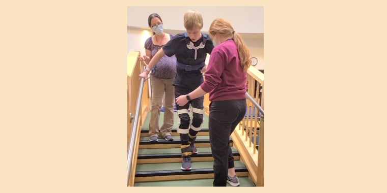 Kyle Koehn learns to walk again alongside staff at Ranken-Jordan Pediatric Bridge Hospital in St. Louis, Missouri.