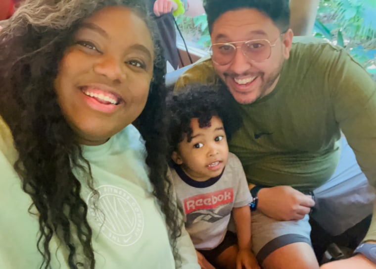 Morgan Harper Nichols is pictured with her husband, Patrick Nichols, and their son, Jacob.