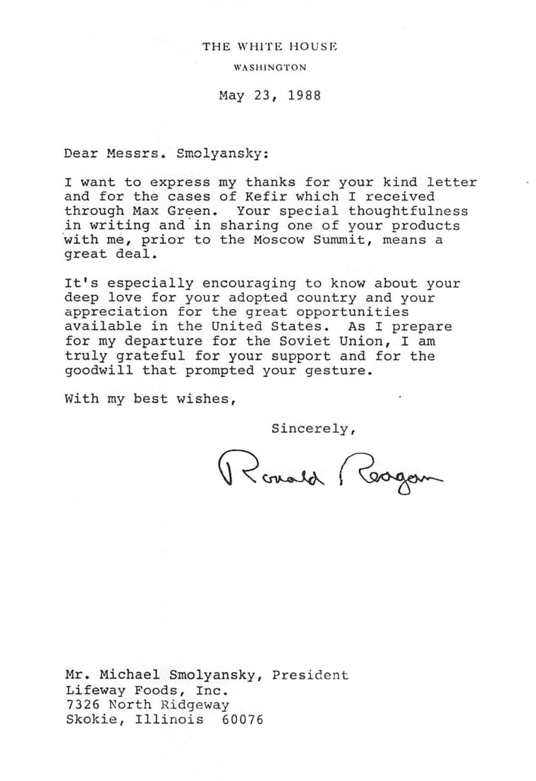A letter to the Smolyanskys from then-president Ronald Reagan in 1988.