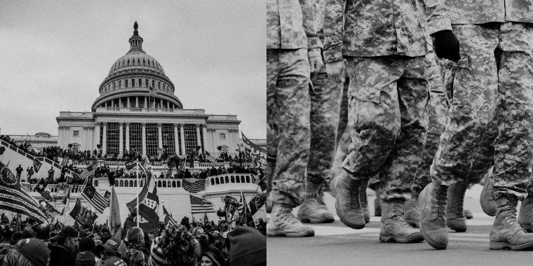 Photo Illustration: The January 6th riot at the U.S. Capitol and military officers in fatigues