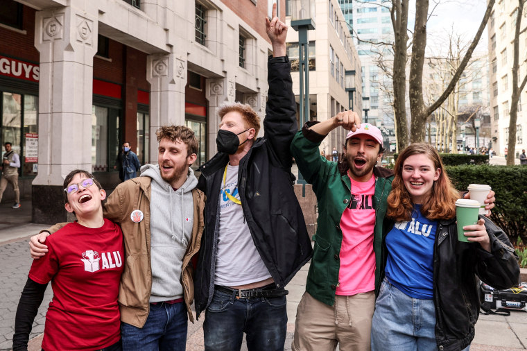 Photo: Amazon.com Inc workers react to the outcome of the Brooklyn union vote