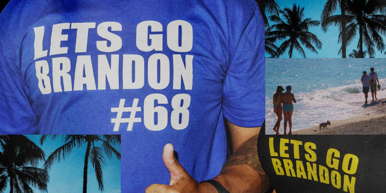Photo illustration of t-shirts that say "Let's Go Brandon" and scenes from Florida beaches.