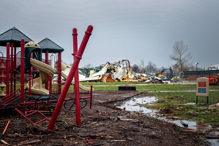 A destroyed gymnasium Wednesday at George Elementary School in Springdale, Ark.