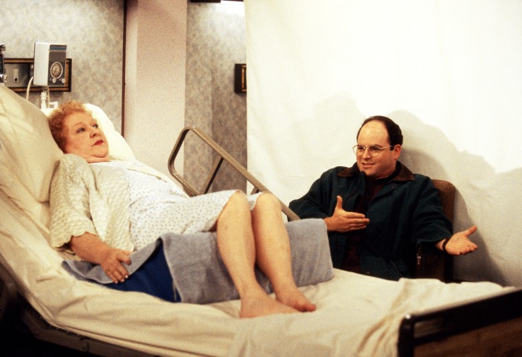 Estelle Harris as Estelle Costanza and Jason Alexander as George Costanza in "The Contest," the season four episode of Seinfeld.