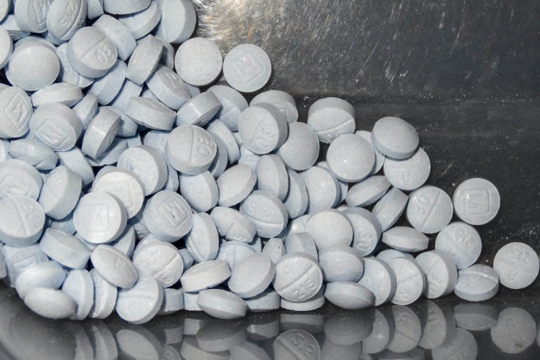 Fentanyl-laced fake oxycodone pills collected during an investigation in an undated image.