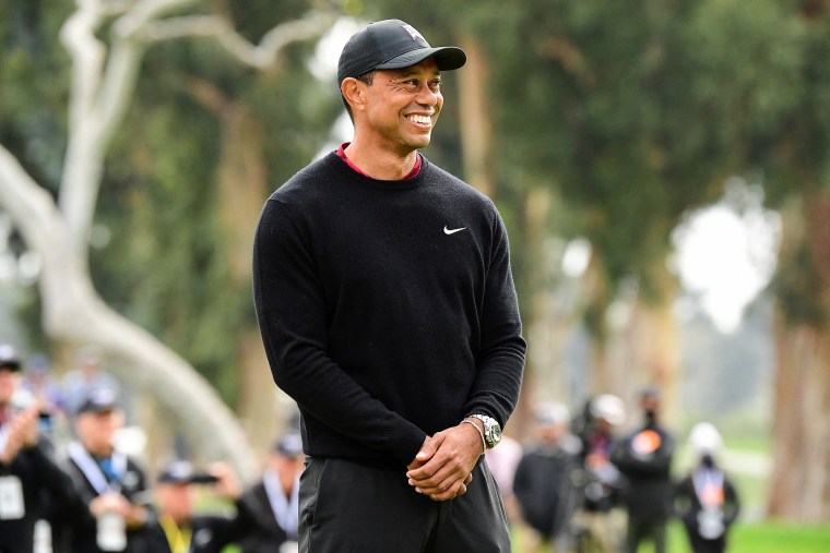 Tiger Woods attends the trophy ceremony following the final round of the Genesis Invitational golf tournament on Feb. 20 2022, in Pacific Palisades, Calif.