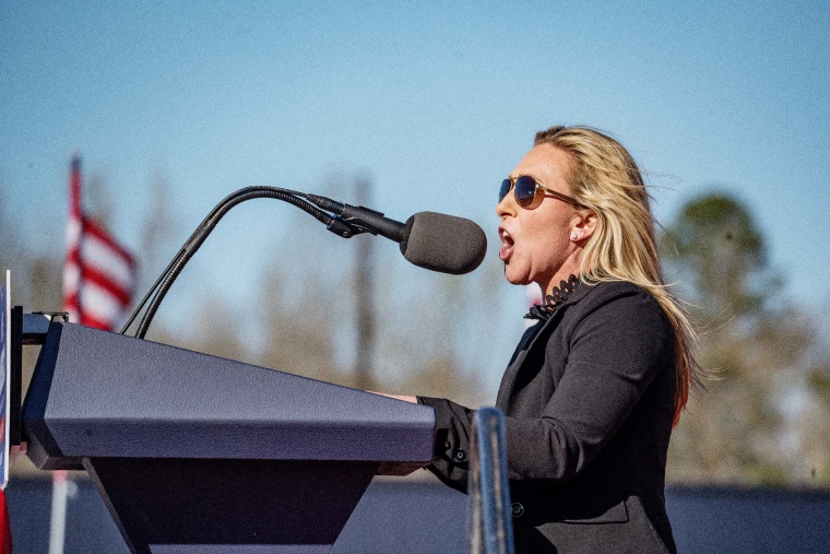 Rep. Marjorie Taylor Greene speaks to supporters of Donald Trump at the Banks County Dragway on March 26 Commerce, Ga.