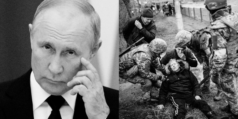 Photo Illustration: Vladimir Putin and a wounded civilian in Ukraine