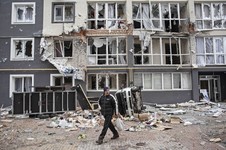 Damaged apartment building in Bucha