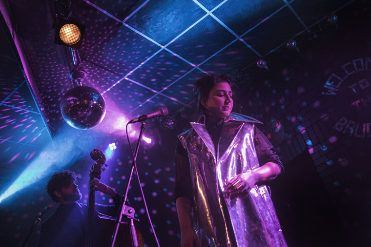 Image: Arooj Aftab performs at the Brudenell Social Club with bassist Petros Klampanis in Leeds, England, on Feb.7, 2022.