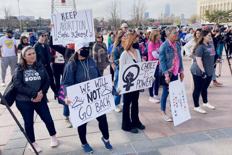 Abortion rights advocates gather outside the Oklahoma Capitol on Tuesday, April 5 in Oklahoma City, to protest several anti-abortion bills being considered by the GOP-led Legislature.