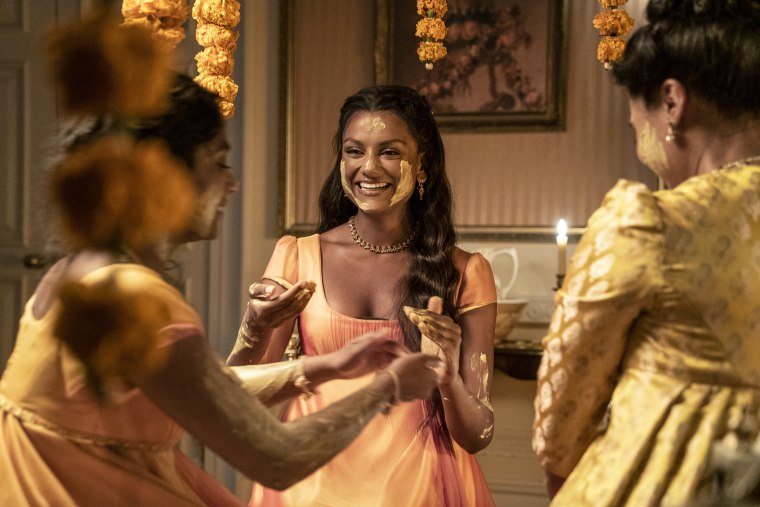 Charithra Chandran as Edwina Sharma, Simone Ashley as Kate Sharma, Shelley Conn as Mary Sharma in "Bridgerton."