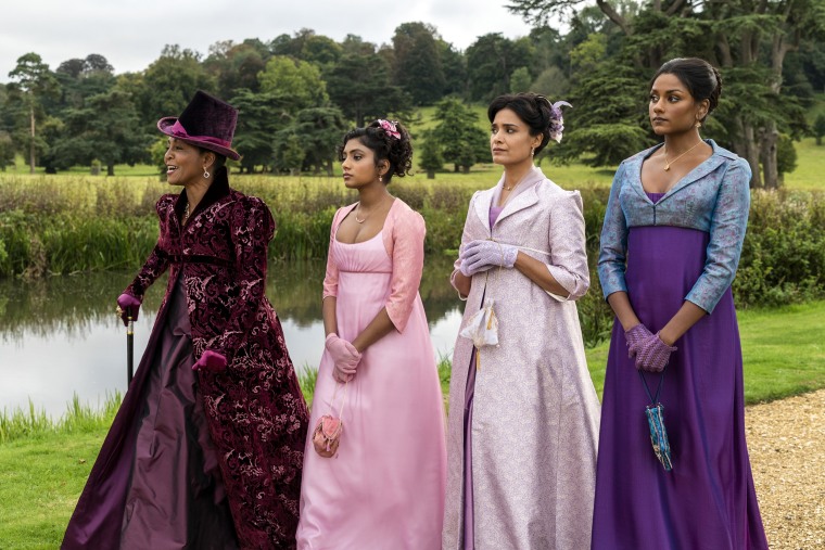Adjoa Andoh as Lady Danbury, Charithra Chandran as Edwina Sharma, Shelley Conn as Mary Sharma, Simone Ashley as Kate Sharma in "Bridgerton."