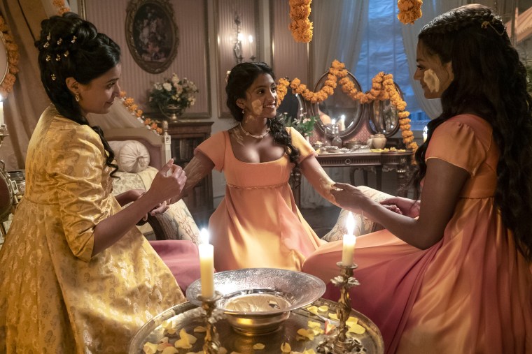 Shelley Conn as Mary Sharma, Charithra Chandran as Edwina Sharma, Simone Ashley as Kate Sharma in "Bridgerton."